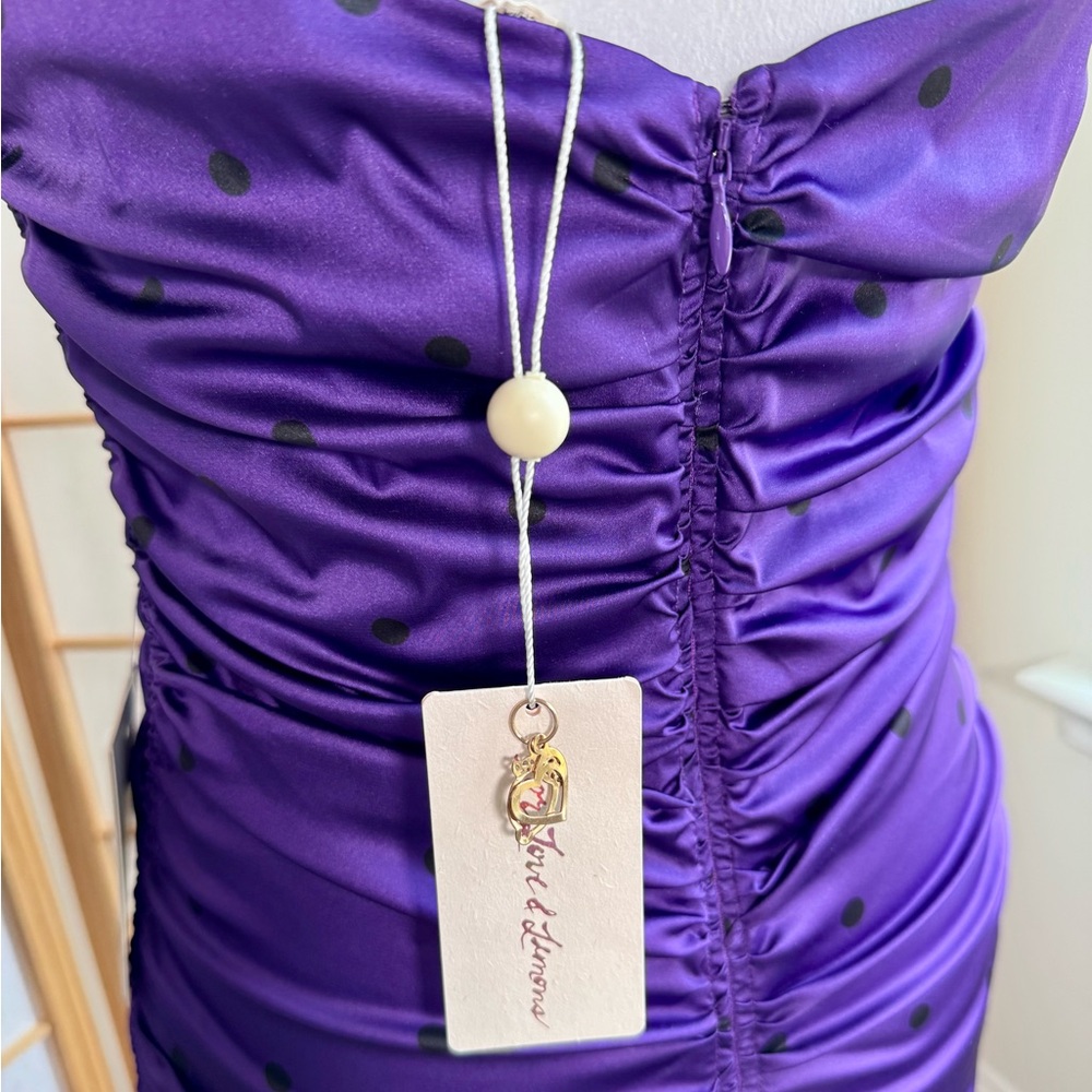 NWT: For Love & Lemons "Paula" Ruched Bodycon Dress, Satin/Royal Purple - Picture 9 of 9